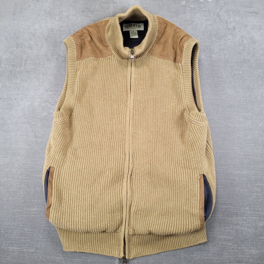 Orvis Womens Vintage Vest Medium Tan Brown Knit Cotton Zip Up